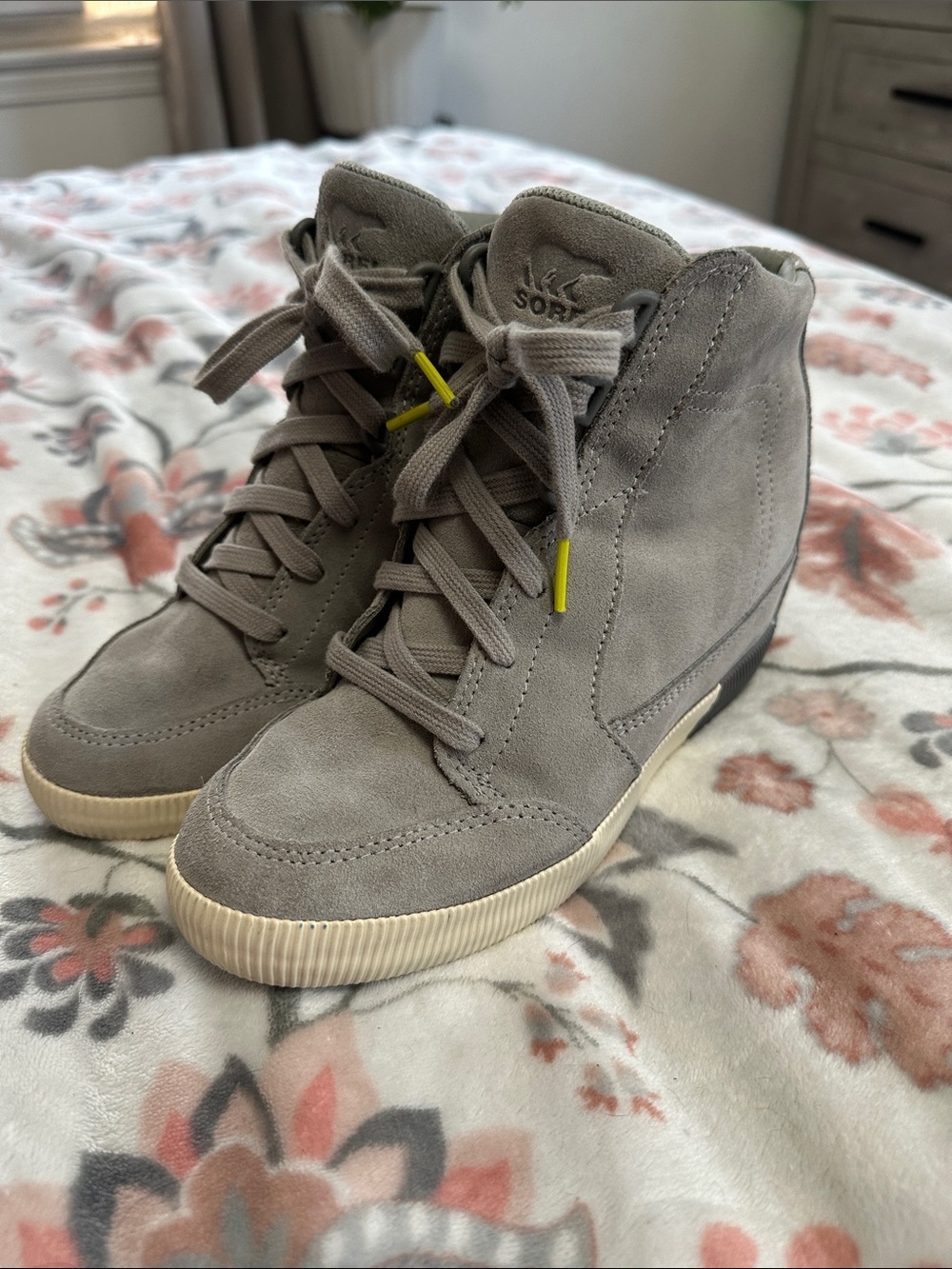 Sorel Women's Taupe Suede Wedge Sneakers with Cream Sole